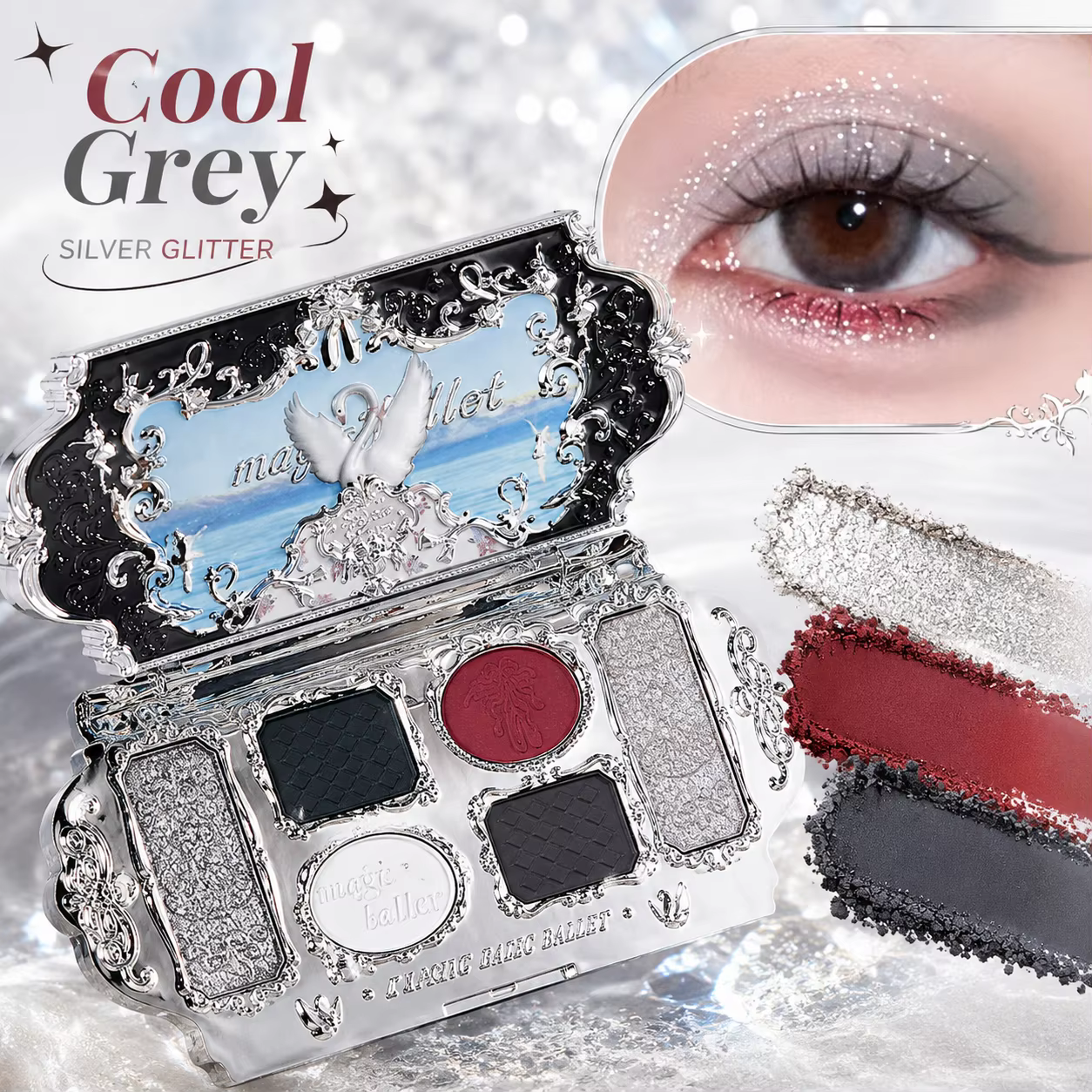 Palette de fards à paupières 6 couleurs Black Swan, tons froids, mats, pailletés, scintillants fins, pour maquillage yeux gothique et smoky, palette visage