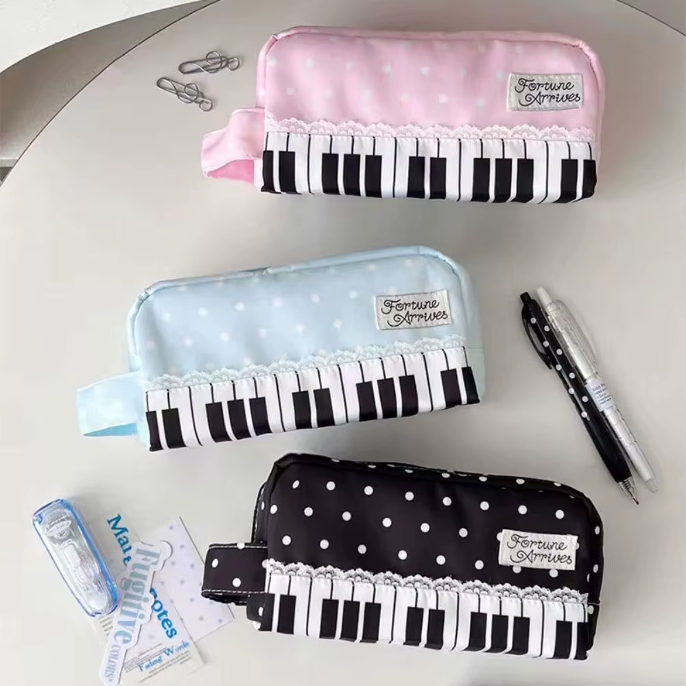 Étui à crayons Kawaii à pois avec imprimé touches de piano, pochette à crayons de grande capacité avec poignée, pochette de papeterie, cadeau, fournitures scolaires pour filles