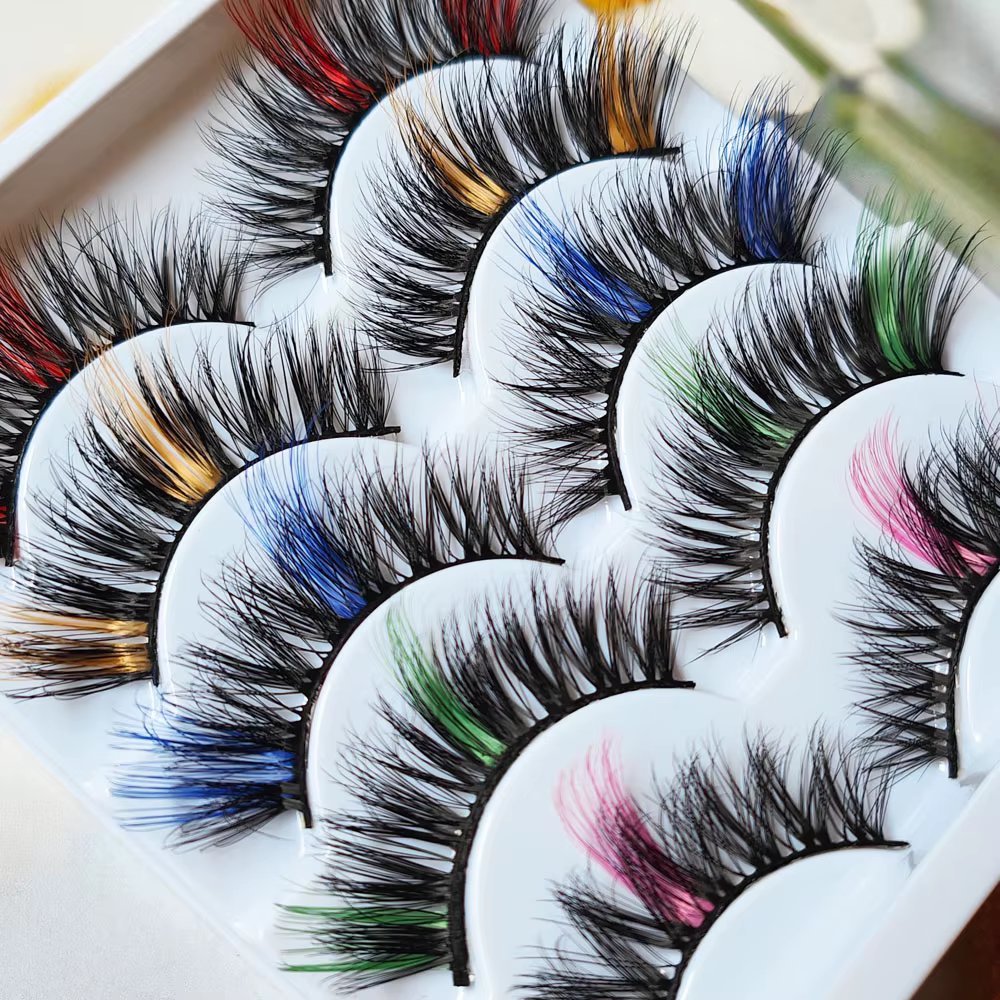 Faux cils colorés en faux vison, dramatiques, moelleux, doux, faits à la main, maquillage, beauté, vente en gros, document