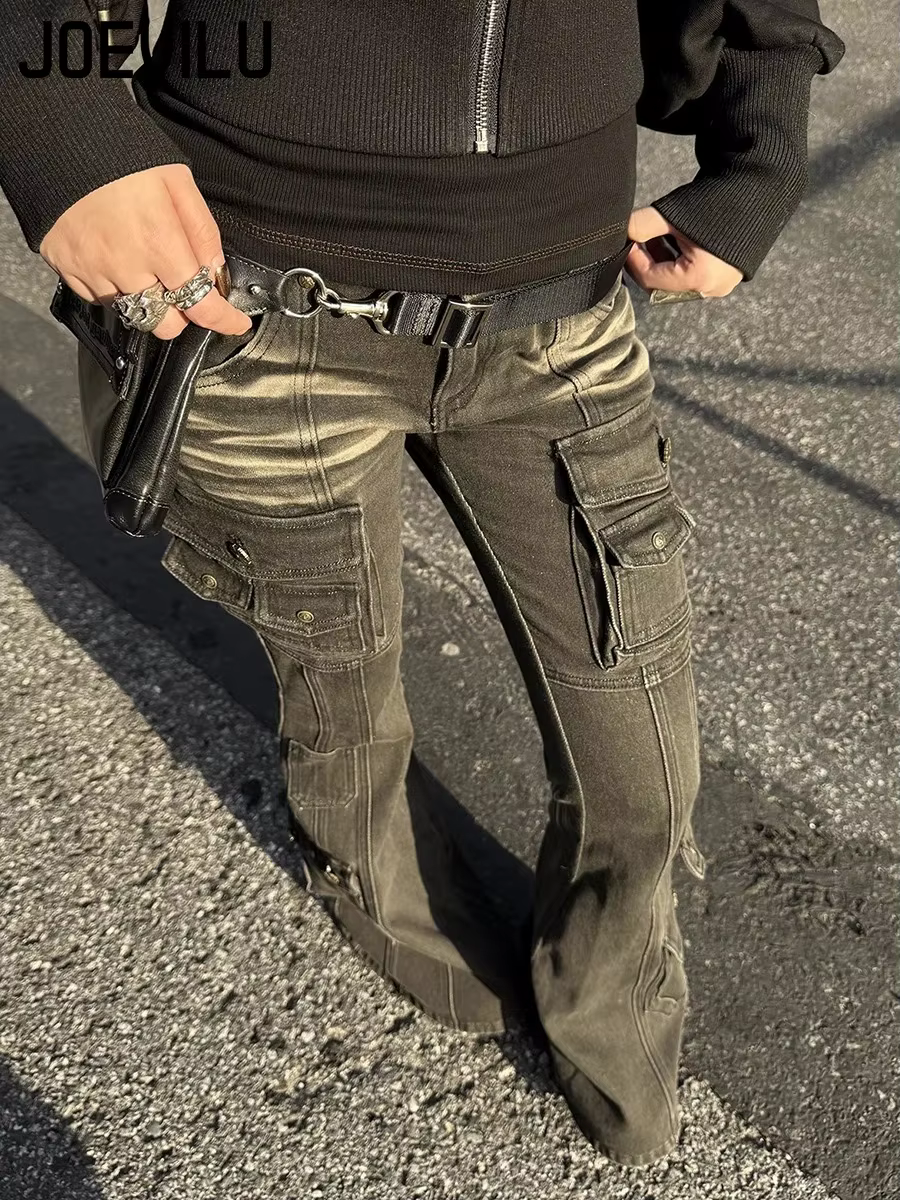 Jean Cargo taille basse pour femmes, noir délavé, années 2000, Y2K, rétro, moustaches en détresse, multi-poches, Bootcut, Micro pantalon évasé, Grunge, nouveau