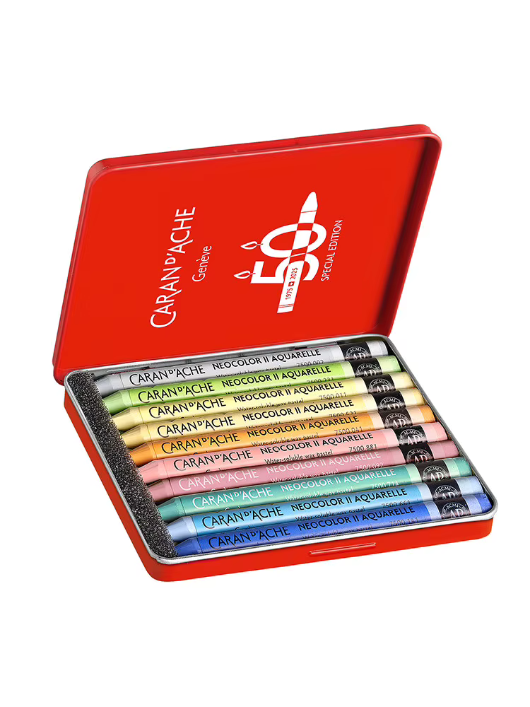 CARAN D'ACHE 50e anniversaire édition limitée NEOCOLOR II ensemble de crayons de cire solubles dans l'eau - 10 couleurs vives