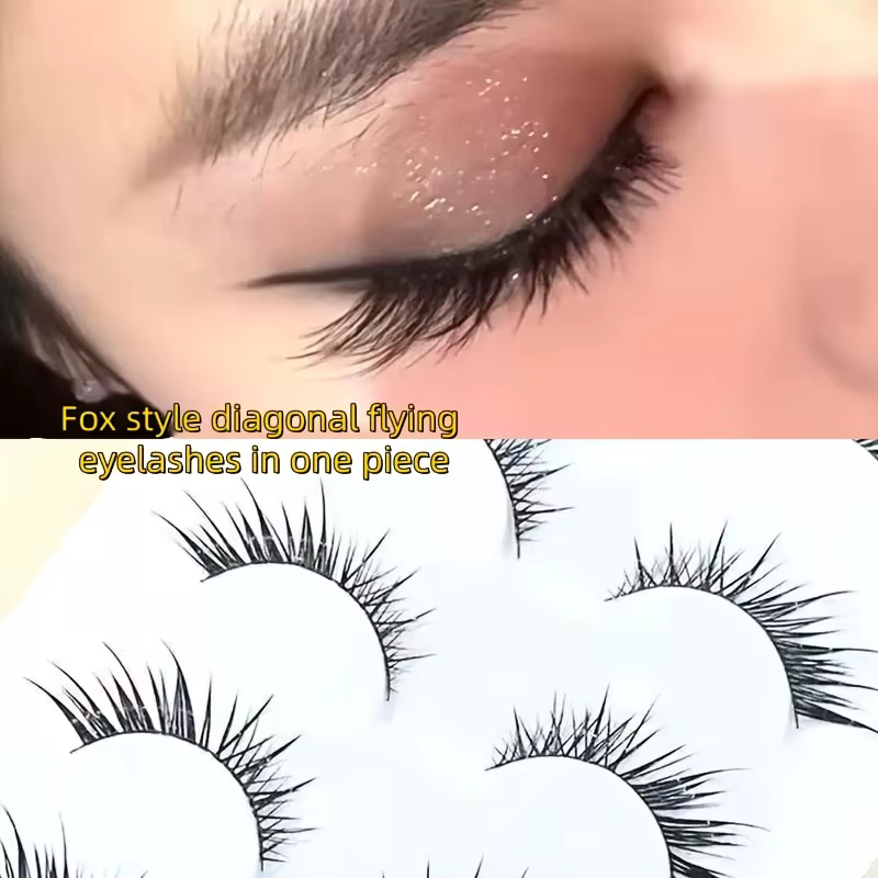 5 paires de faux cils volants diagonales avec de fines tiges noires