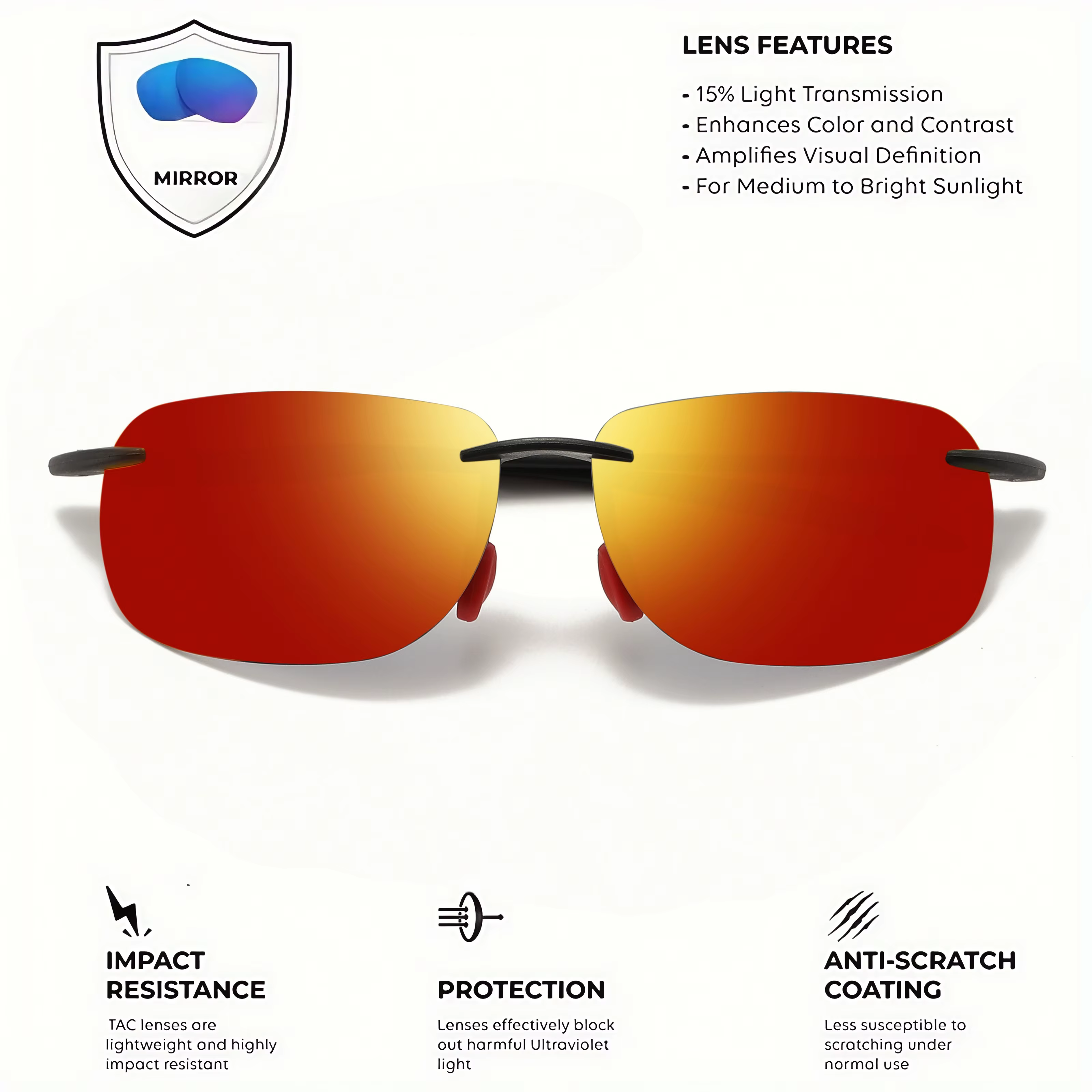 Lunettes de soleil polarisées sans cadre TR90 ultra légères 11 g – Coupe flexible et confortable, forme carrée pour la conduite, la pêche et l'extérieur