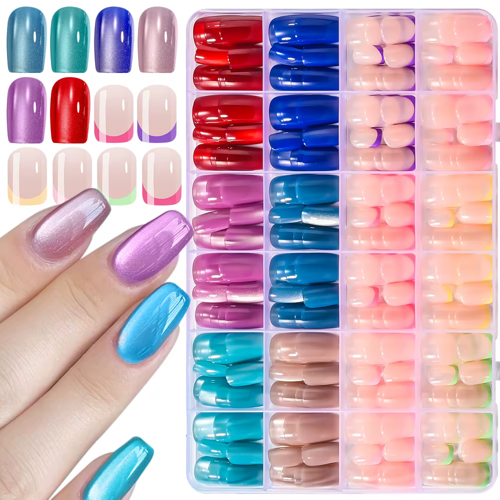 288 faux ongles colorés effet œil de chat et French manucure, 12 couleurs assorties, courts, carrés/cercueil, à presser, brillants, faux ongles français