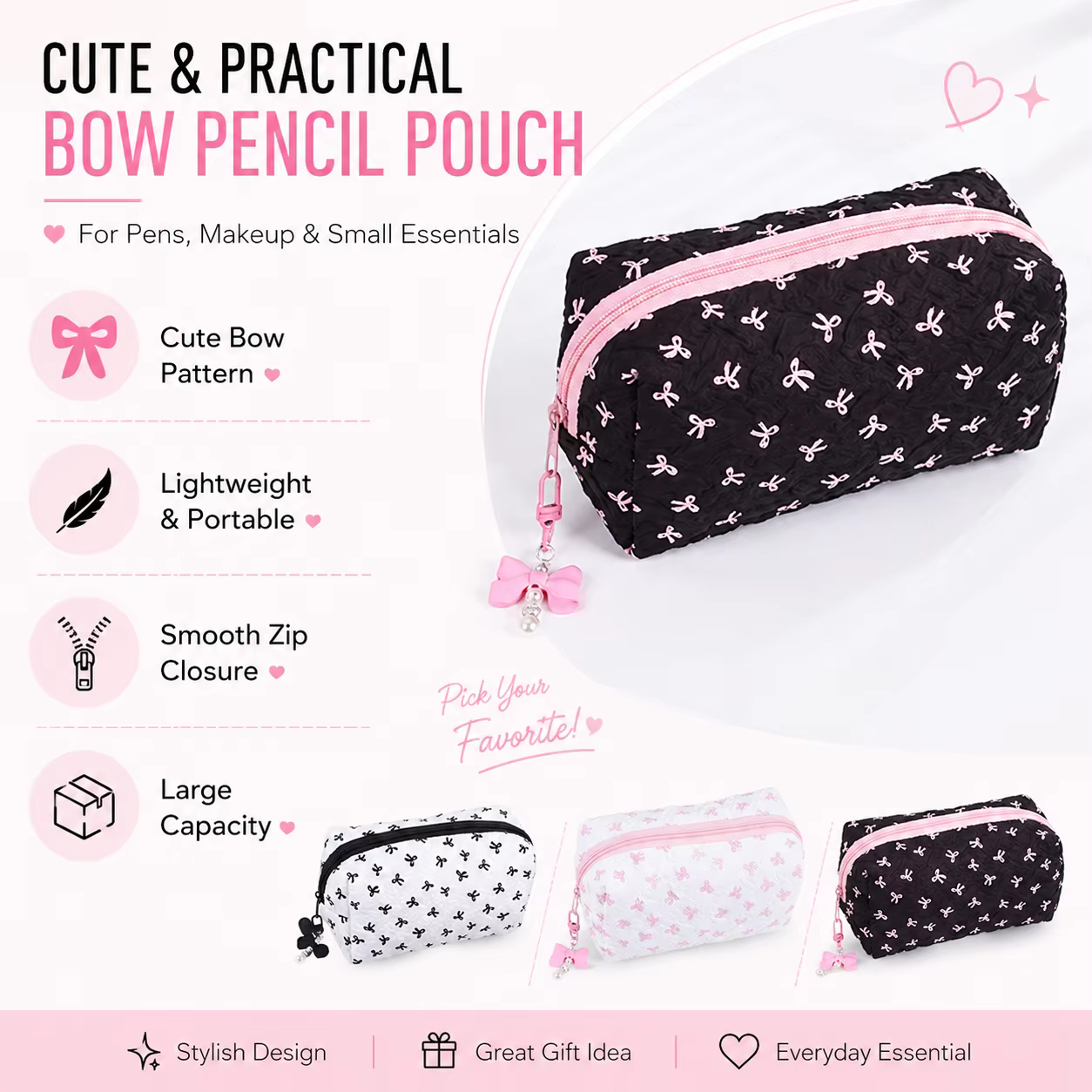 Trousse à crayons matelassée à motif nœud mignon, sac de rangement portable grande capacité pour fournitures scolaires avec breloque perle, fournitures de rentrée scolaire