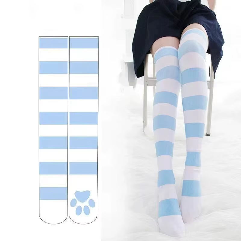 Lolita – chaussettes au dessus du genou, bande rose, bas imprimés patte de chat Kawaii, velours gothique sur le genou, cuisses hautes, bas longs JK
