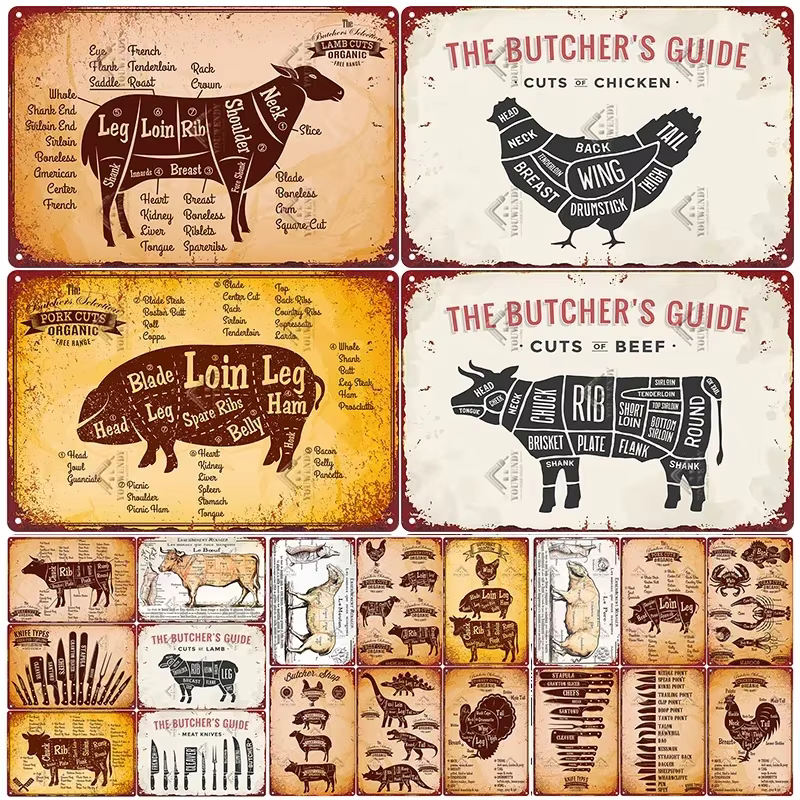 Panneaux métalliques Vintage The Butcher's Guide, affiche de cuisine coupes de bœuf, porc, canard, poisson, décoration murale de magasin, signe en étain, 20x30cm