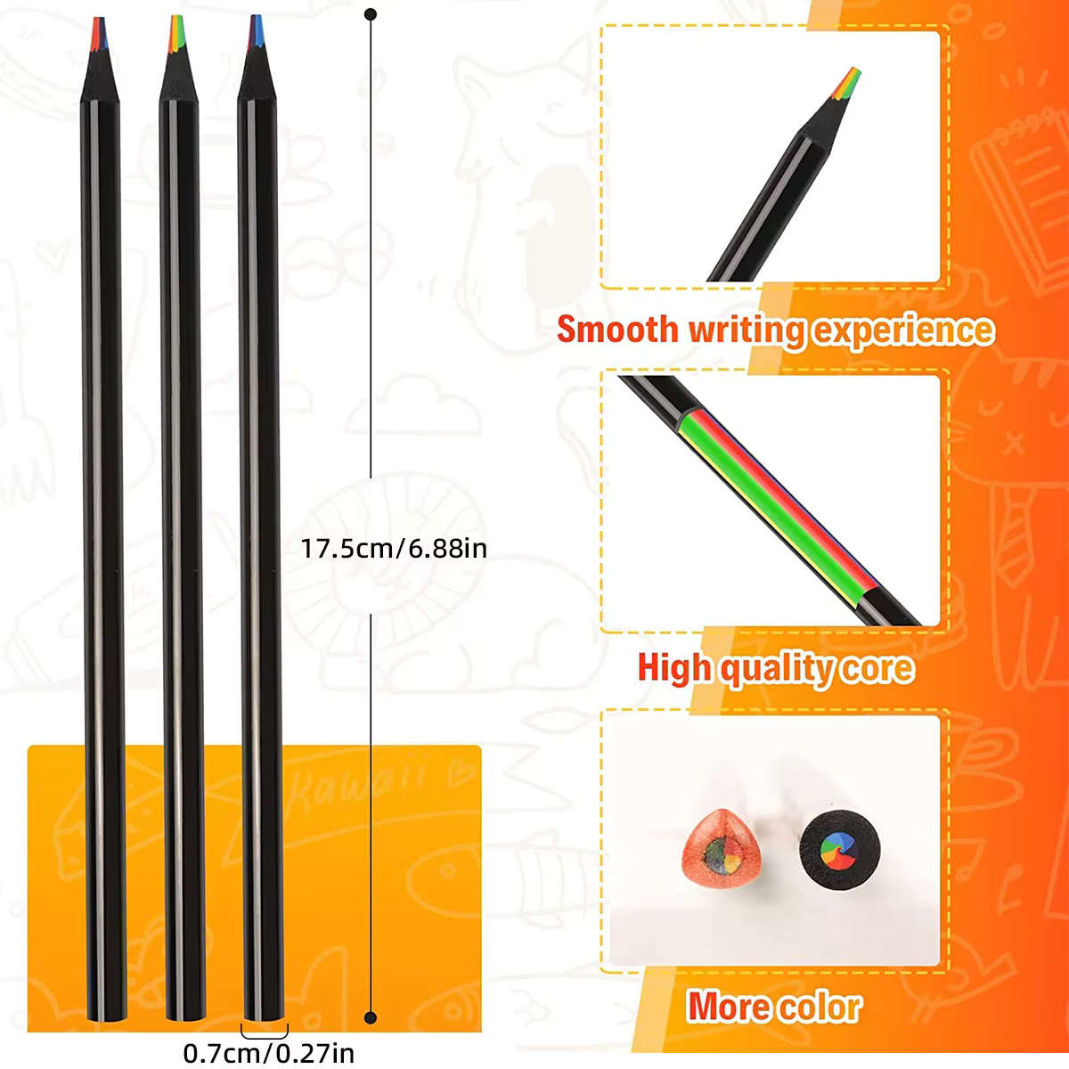 Crayons en bois colorés noirs, 7 en 1, crayons de dessin arc-en-ciel, pour croquis, gribouillage, coloration, peinture, papeterie pour l'école d'art, 10 pièces