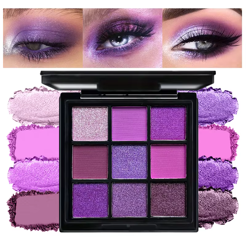 Palette de fards à paupières violets de 9 couleurs avec ensemble de pinceaux à double extrémité gratuit – Shimmer mat riche et nuances scintillantes pour le maquillage quotidien et de fête