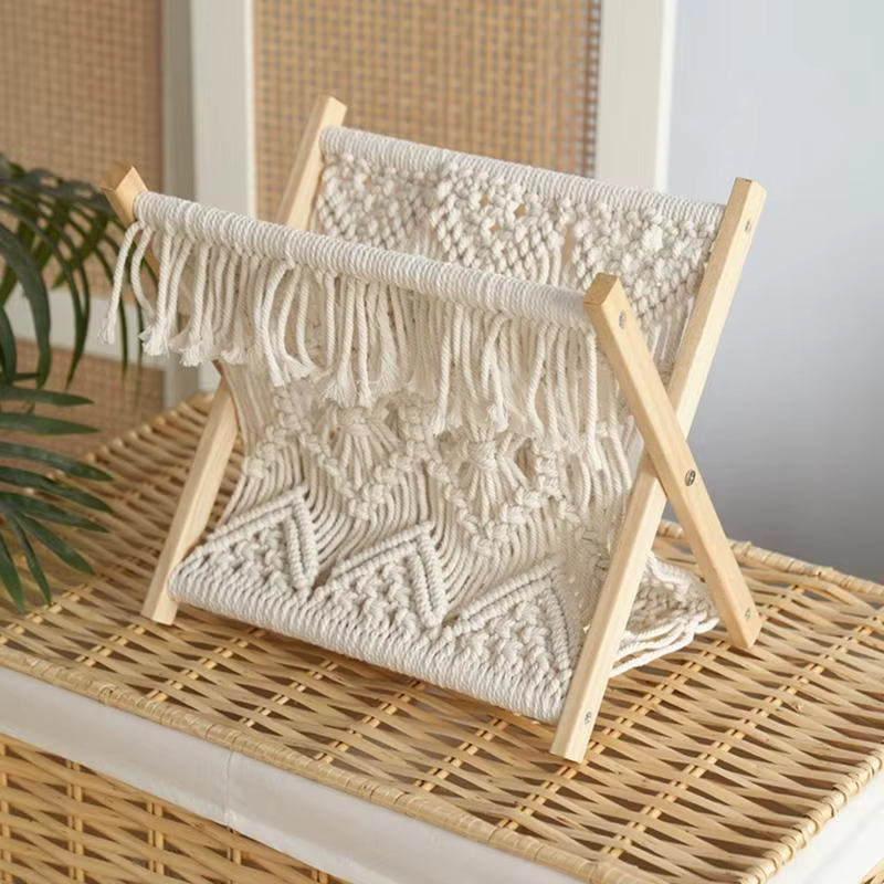Étagère lecture Flexible avec cadre en bois, avec cordon en coton torsadé, idéale pour les publications terrasse, 37JD