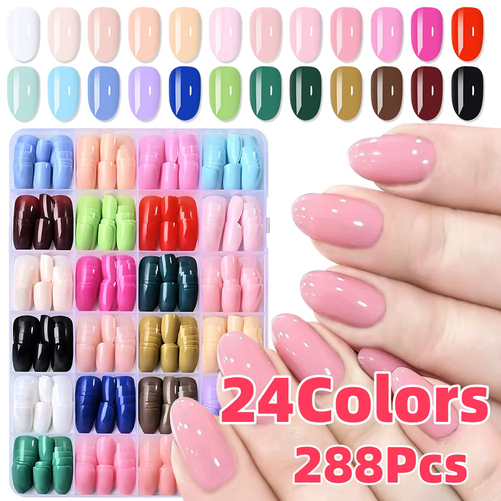 24 couleurs (288 pièces) Faux ongles courts ovales colorés, brillants, couleur unie, couverture complète, faux ongles DIY, manucure, ongles acryliques, pointes d'ongles