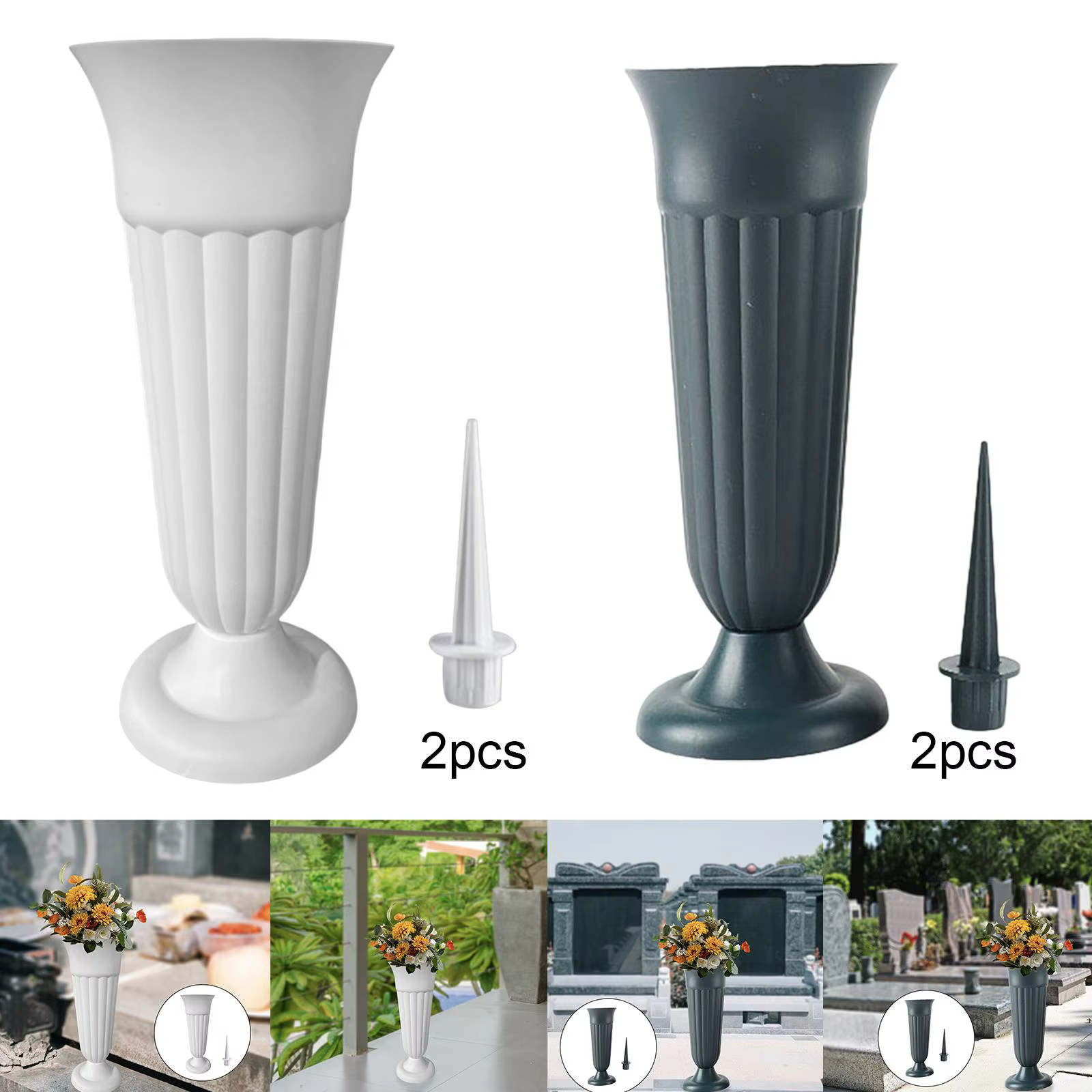 Lot de 2 Vases Floraux Commémoratifs Détachables avec Piquet et Base en Plastique, Vases de Cimetière et de Tombe pour Événements Extérieurs, Tombes, Jardin