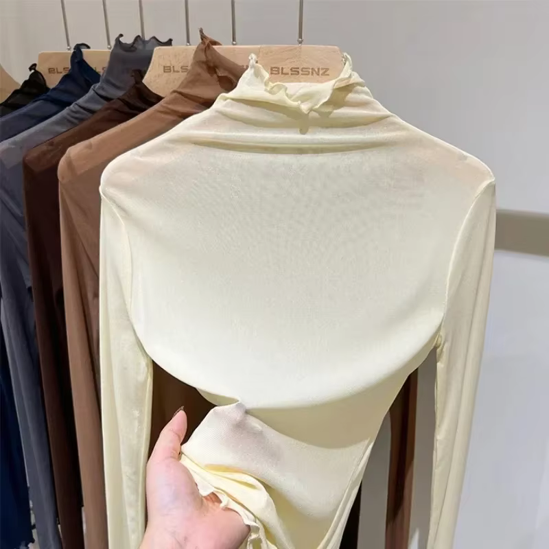 Chemisier astronomique en dentelle à col roulé pour femme, manches longues, vêtements en gaze fine, transparent, mode printemps et automne