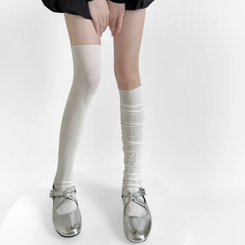 Bas fins en coton pour femmes, couleur unie, noir, blanc, gris, bas de cuisse hauts, Style japonais, chaussettes hautes pour femmes
