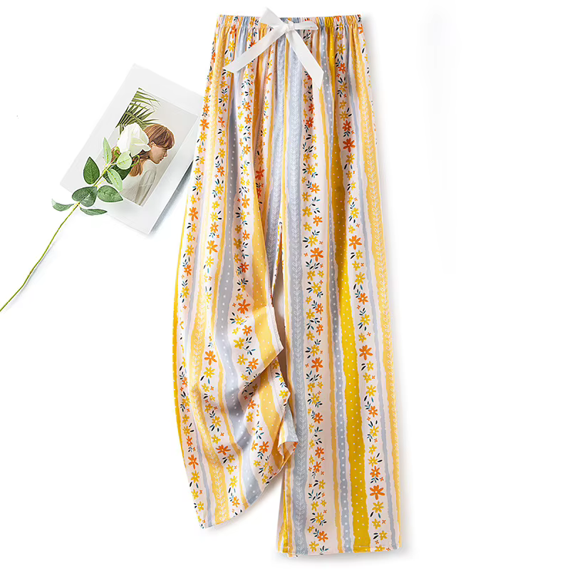 Pantalon de pyjama pour femmes, pantalon de maison, bas de sommeil fin, imprimé Floral, jambes larges, ample, grande taille, été