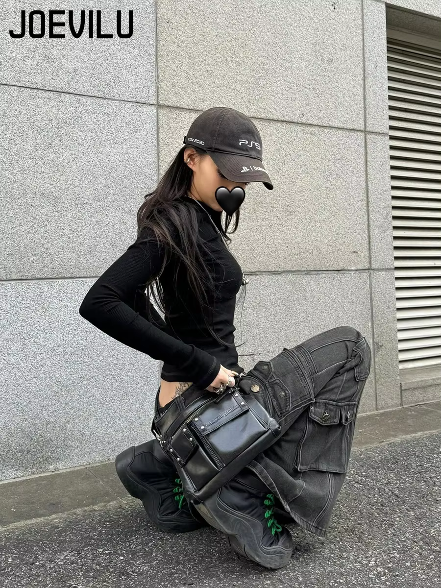 Jean Cargo taille basse pour femmes, noir délavé, années 2000, Y2K, rétro, moustaches en détresse, multi-poches, Bootcut, Micro pantalon évasé, Grunge, nouveau