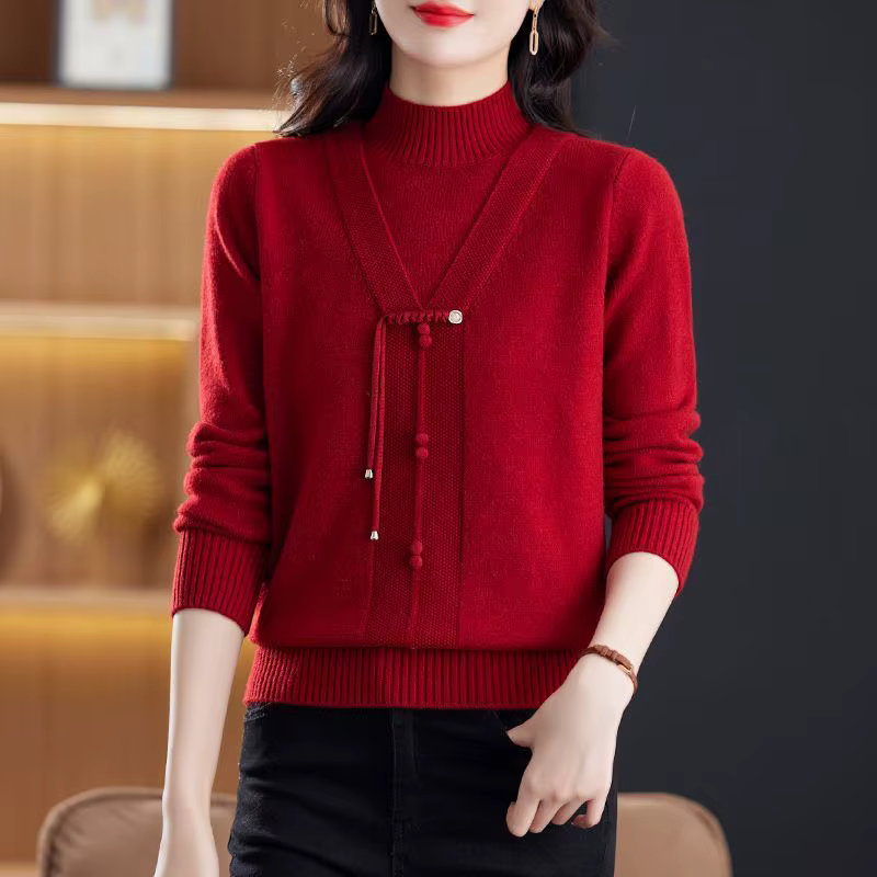 Pull tricoté à col mi-haut pour femme, ample et chaud, pour personnes âgées d'âge moyen, collection automne-hiver 2026