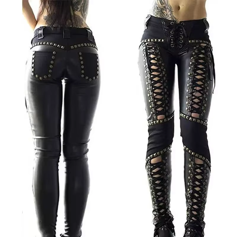 Pantalon crayon en simili cuir pour femmes, Punk Rock, Leggings à bandes ajourés, Sexy, Streetwear, nouvelle collection