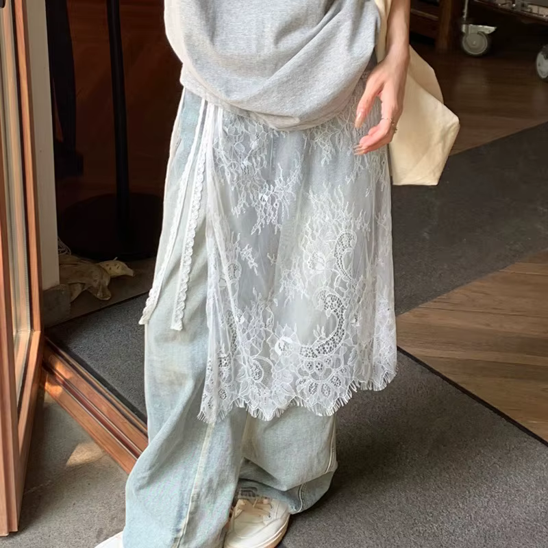 Jupes mi-longues en dentelle pour femmes, Design avec cordon de serrage, Style coréen élégant, ligne a, taille haute, fente latérale irrégulière, mode rue, printemps été