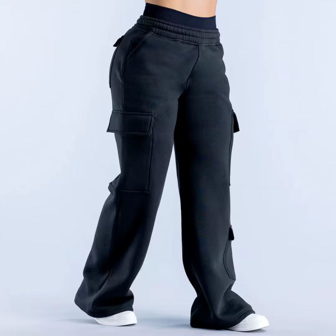 Pantalon de travail américain décontracté pour femme, taille basse, ceinturé, coupe droite, jambe large, couleur unie, plusieurs poches