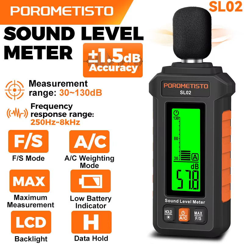 Sonometre numérique SL02 30-130dB avec pondération A/C, sonometre audio anti-vent, sonometre portable, mesure du niveau sonore en décibels, rétroéclairage LCD