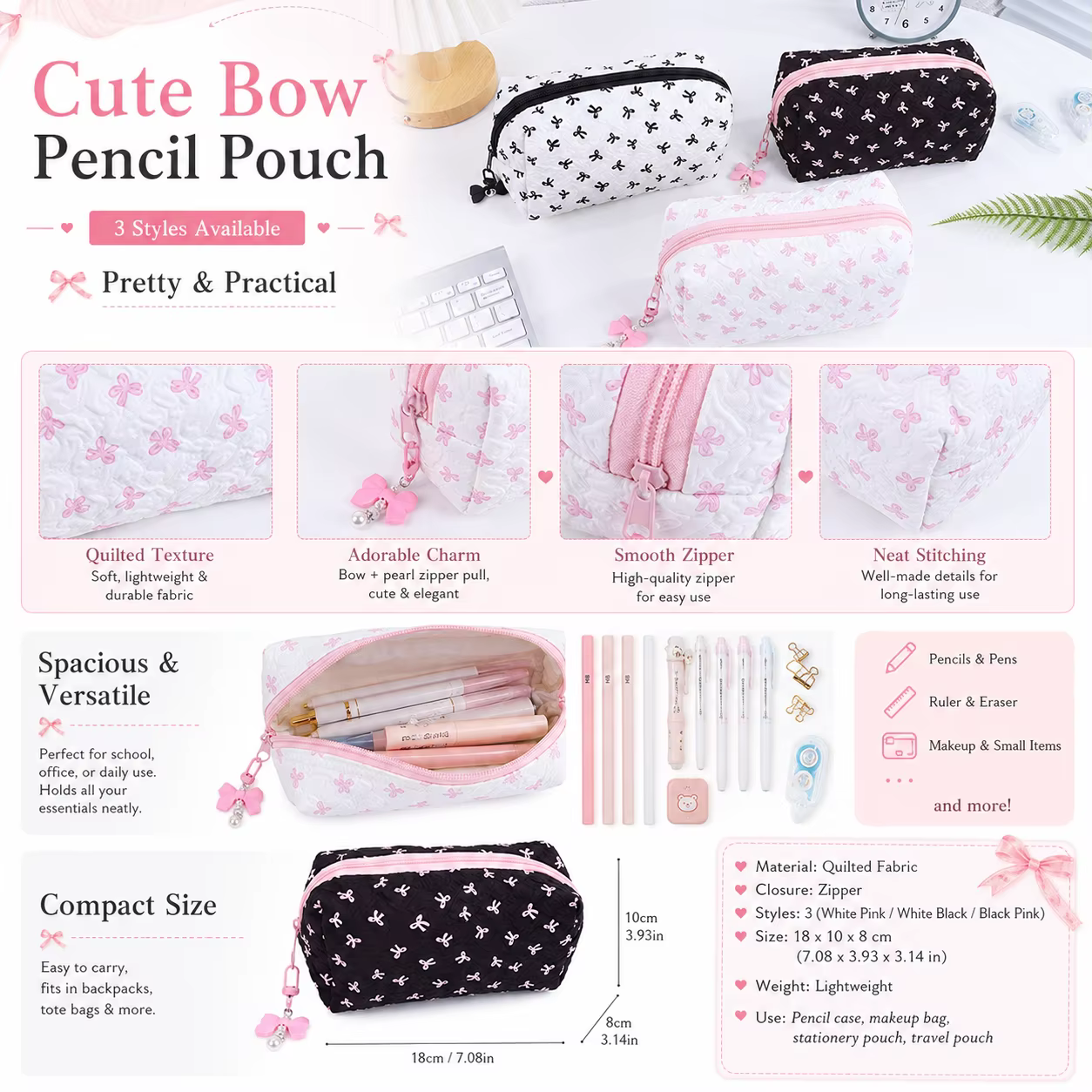 Trousse à crayons matelassée à motif nœud mignon, sac de rangement portable grande capacité pour fournitures scolaires avec breloque perle, fournitures de rentrée scolaire