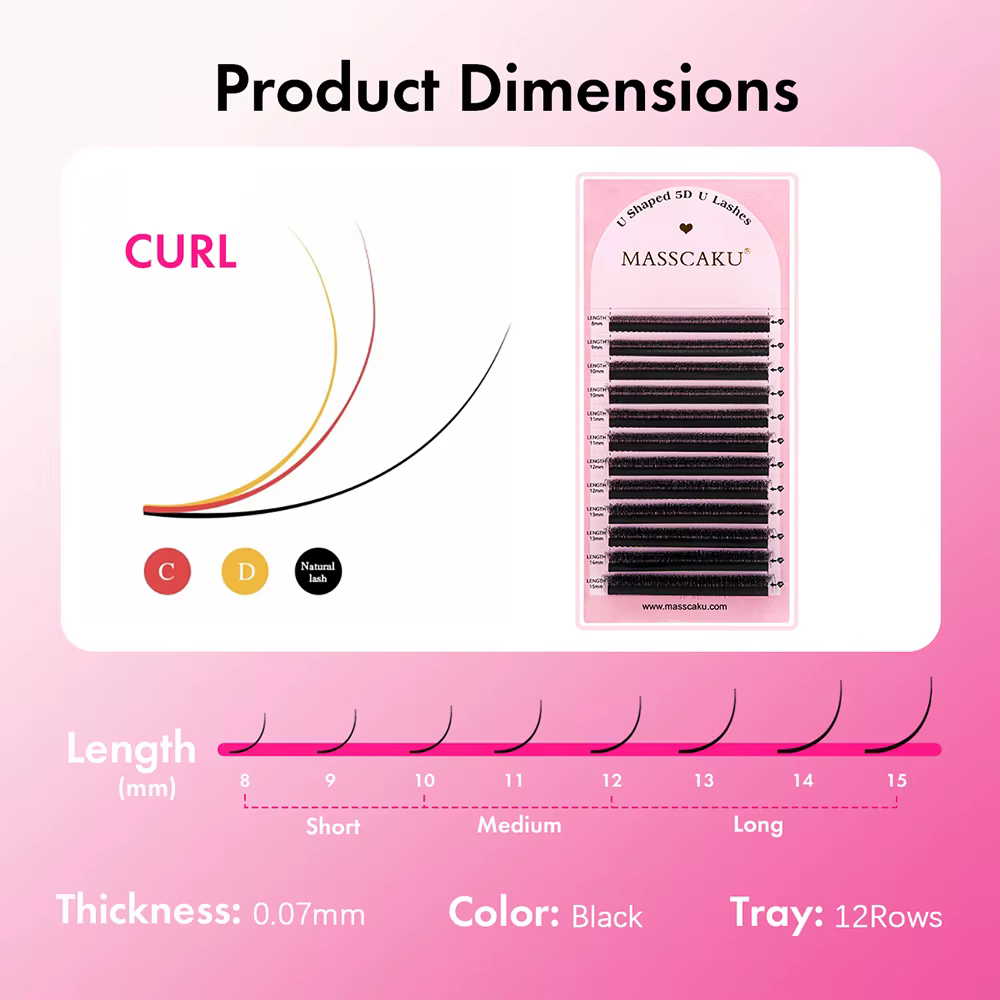 Cils faux MASSCAKU C/D en forme de U 3D/4D/5D/6D/8D/10D Mix 8-15MM