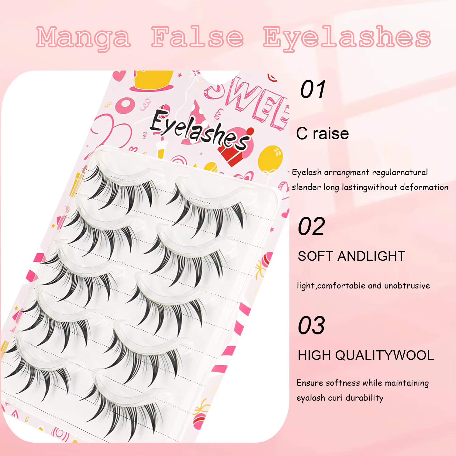 5 paires de faux cils petit démon avec tiges transparentes et pointes pointues