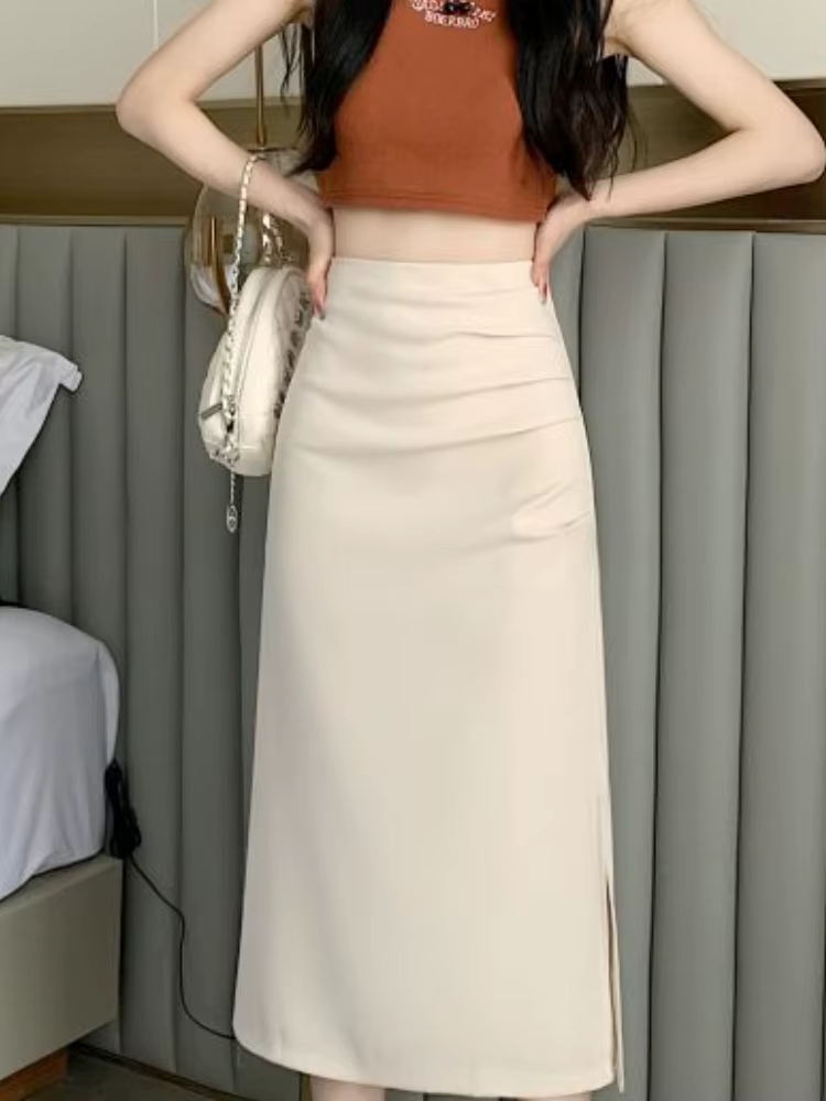 Jupes mi-longues fendues sur le côté pour femmes, style français, mince, plis élégants, simple, compromis, tendre, femme, sexy, all-match, mode ulzzang, été