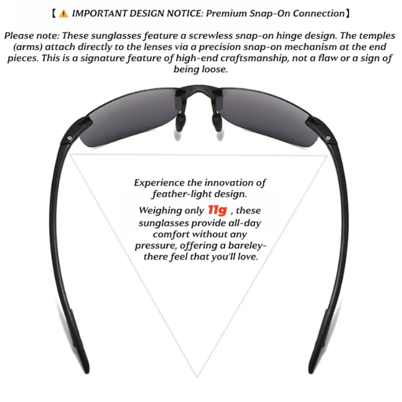 Lunettes de soleil polarisées sans cadre TR90 ultra légères 11 g – Coupe flexible et confortable, forme carrée pour la conduite, la pêche et l'extérieur