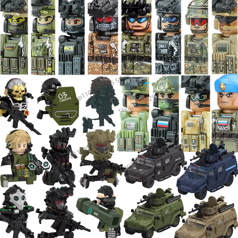 Figurine de soldat militaire de la Seconde Guerre mondiale, blocs de construction, forces spéciales, personnage SWAT, bouclier, casque, accessoires d'armes, véhicule blindé, jouet en briques