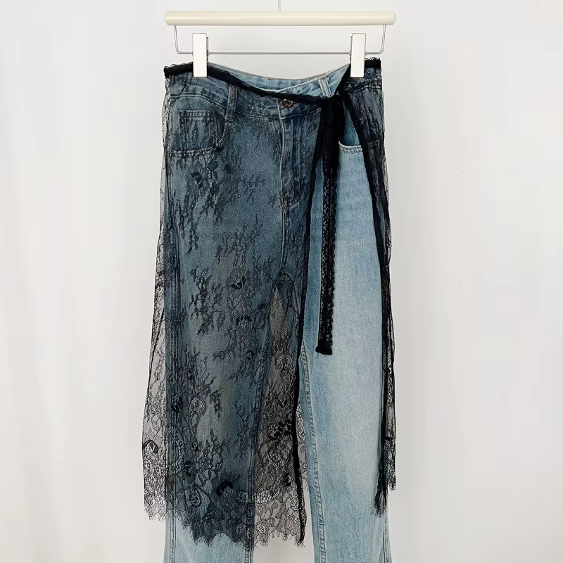 Jupes mi-longues en dentelle pour femmes, Design avec cordon de serrage, Style coréen élégant, ligne a, taille haute, fente latérale irrégulière, mode rue, printemps été