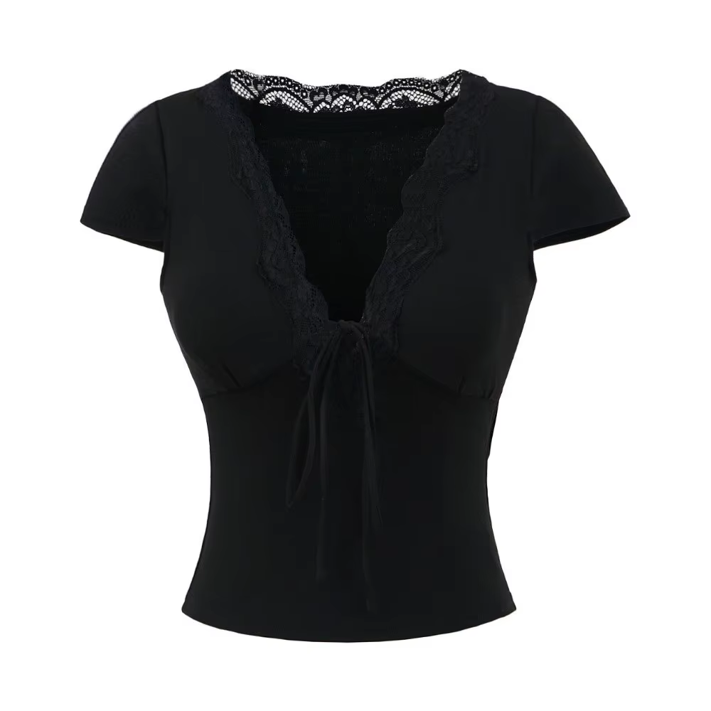 Chic col en V mince culture hauts à manches courtes dentelle fond T-shirt élastique doux Camisole Streetwear