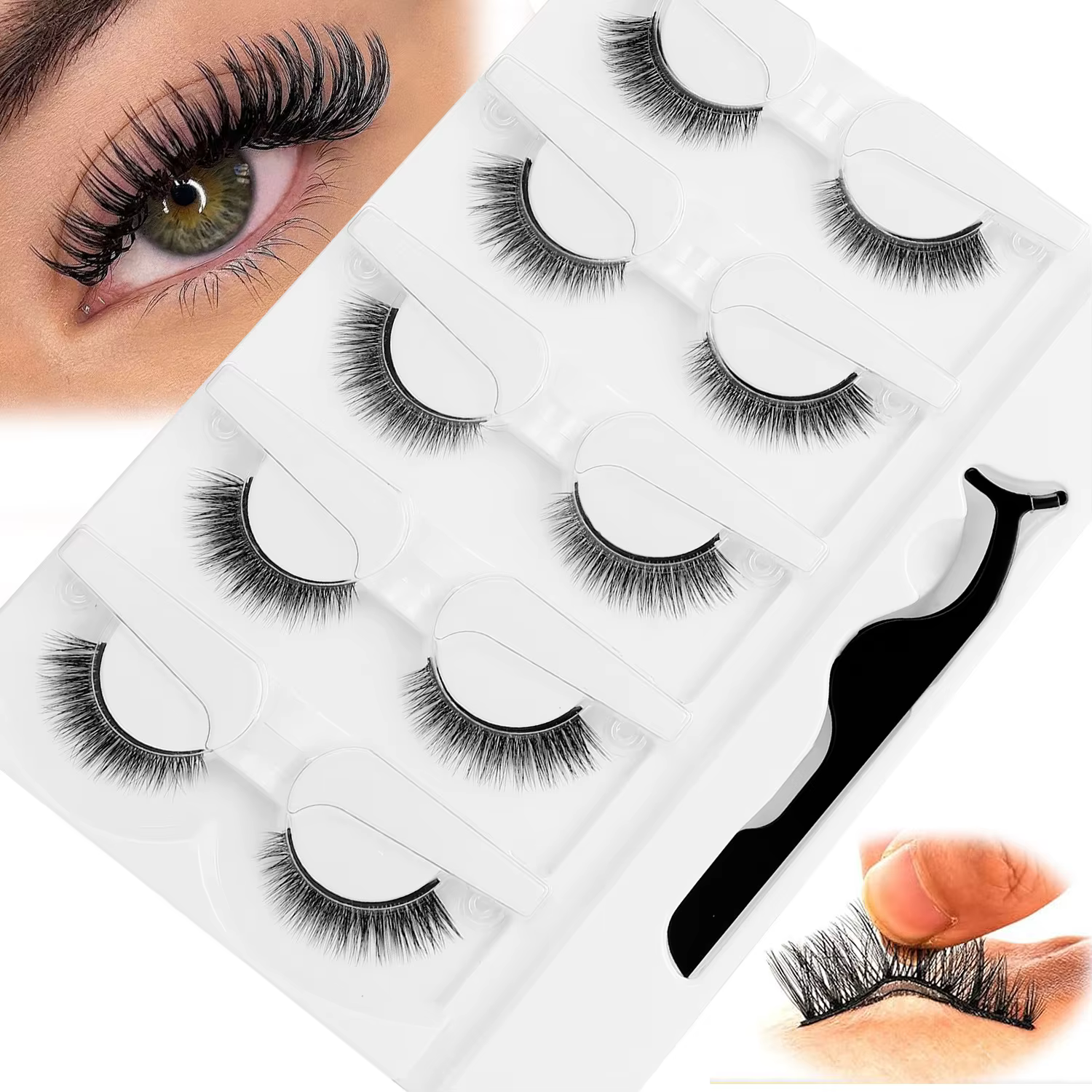 5 paires de faux cils auto-adhésifs 3D sans colle