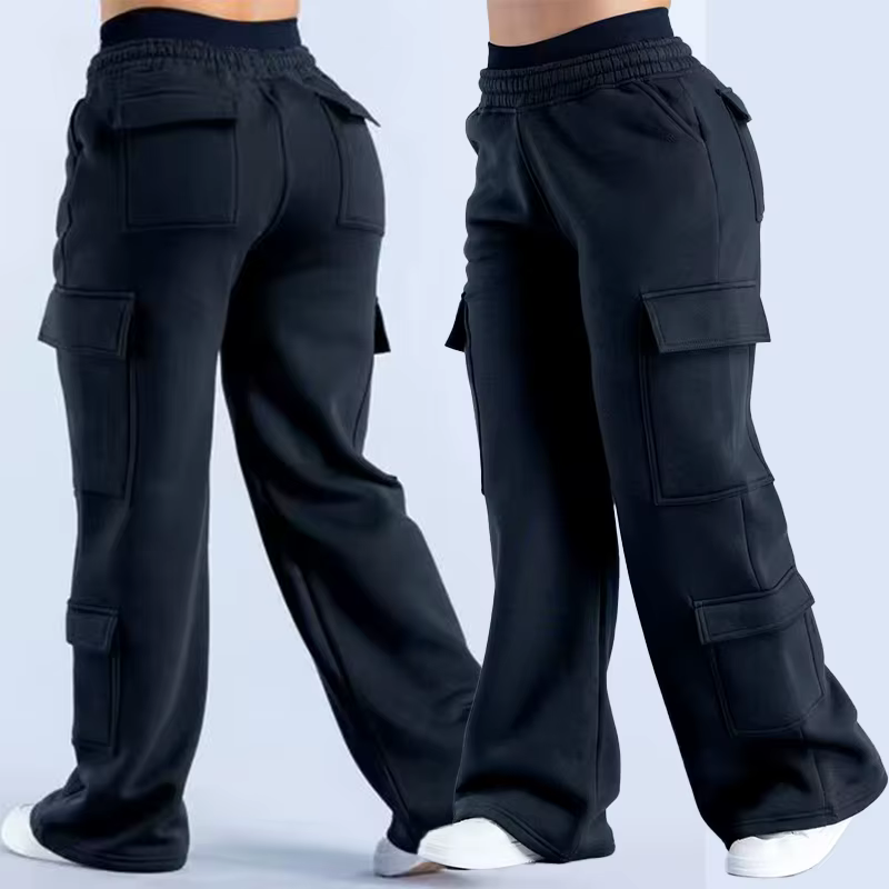 Pantalon de travail américain décontracté pour femme, taille basse, ceinturé, coupe droite, jambe large, couleur unie, plusieurs poches