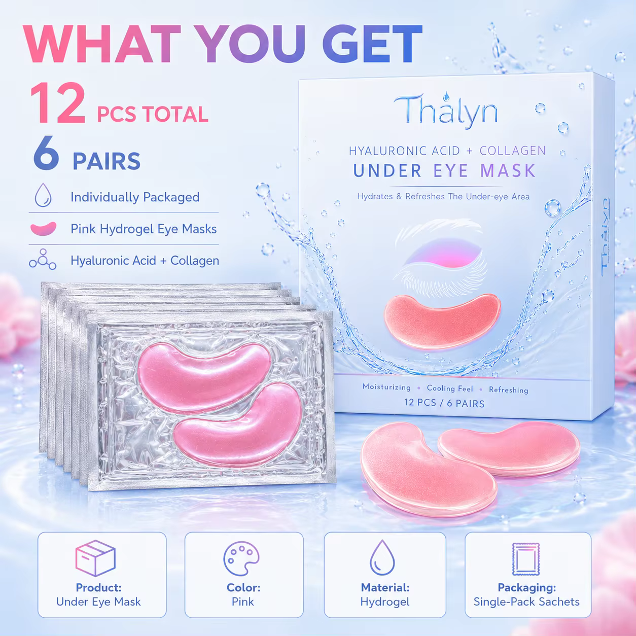12 Patchs pour les Yeux en Forme de Croissant Rose, Patchs en Gel Hydratants pour les Yeux