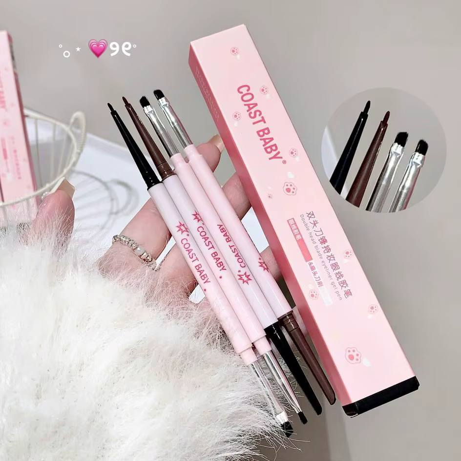 Crayon Eyeliner en Gel Contour noir et marron, avec brosse, imperméable, doux, sans bavures, facile à porter, bâton de fard à paupières couché, maquillage du ver à soie