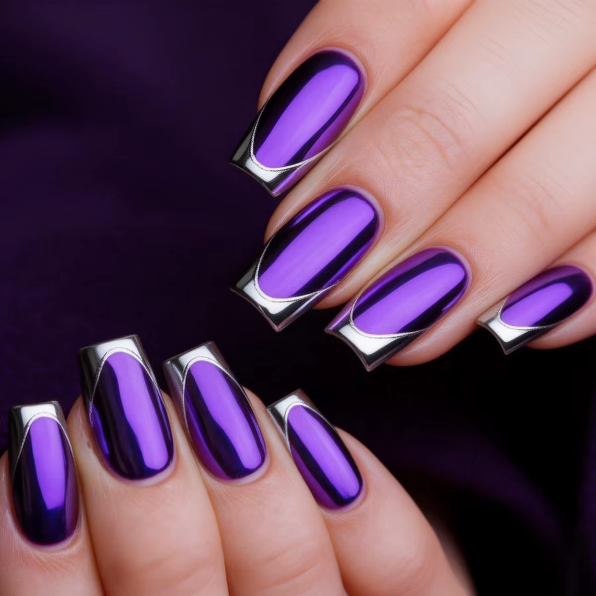 Faux ongles carrés moyens, finition brillante, Double couleur, Style français, violet, argent, noir, doré, Combo, ensemble d'art pour faux ongles à pression