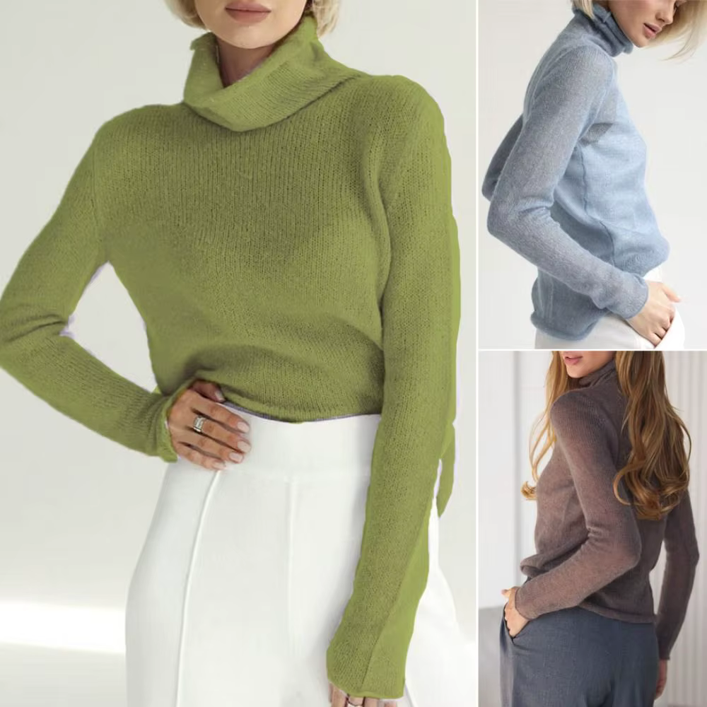 Pull chic en maille ajouré à col roulé, style basique, décontracté, doux et ample, pour le printemps et l'automne