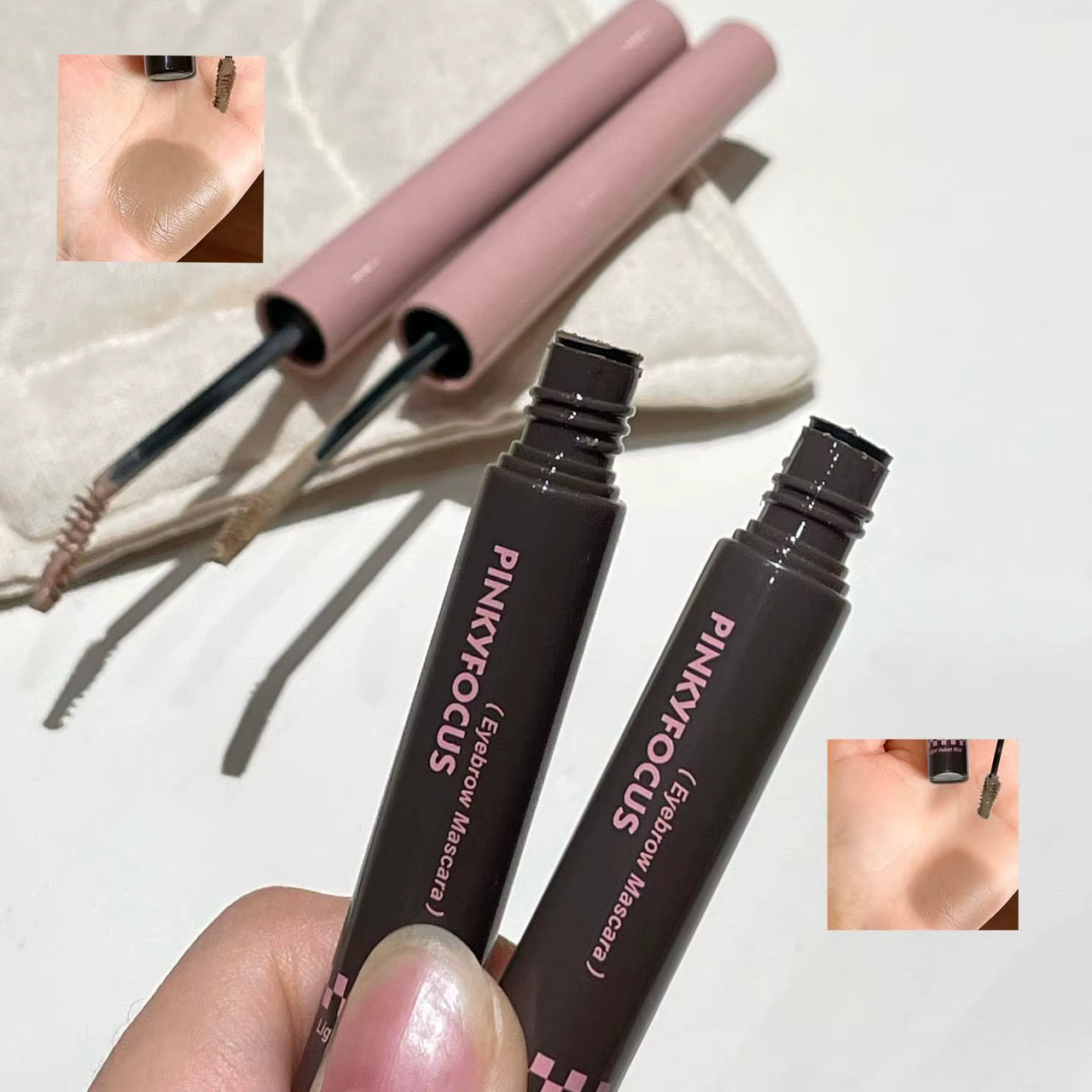 Mascara à sourcils effet velours léger, pigment durable et modulable, résistant aux taches, pour un maquillage des sourcils naturel, doux et volumineux.