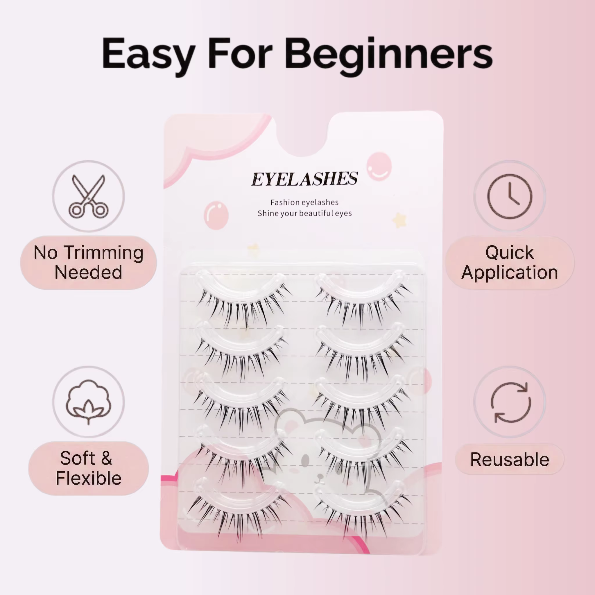 Un coffret de cinq paires de faux cils de style manga avec une base transparente