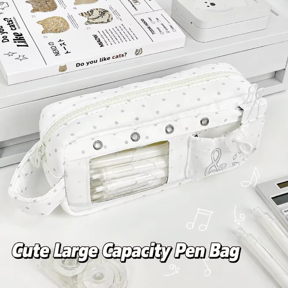Trousse à crayons Kawaii à pois avec motif note de musique, multi-couches avec poignée, grande capacité, organiseur de papeterie pour étudiants