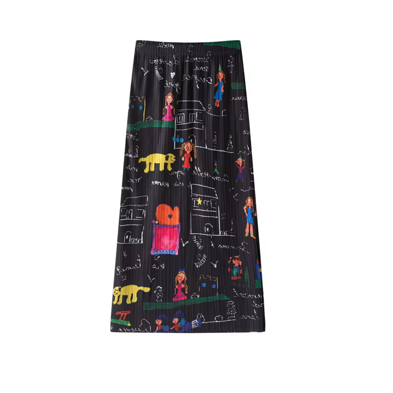 Jupe plissée style Miyake, design de niche, taille haute, imprimé dessin animé, amincissante, pour femme, été