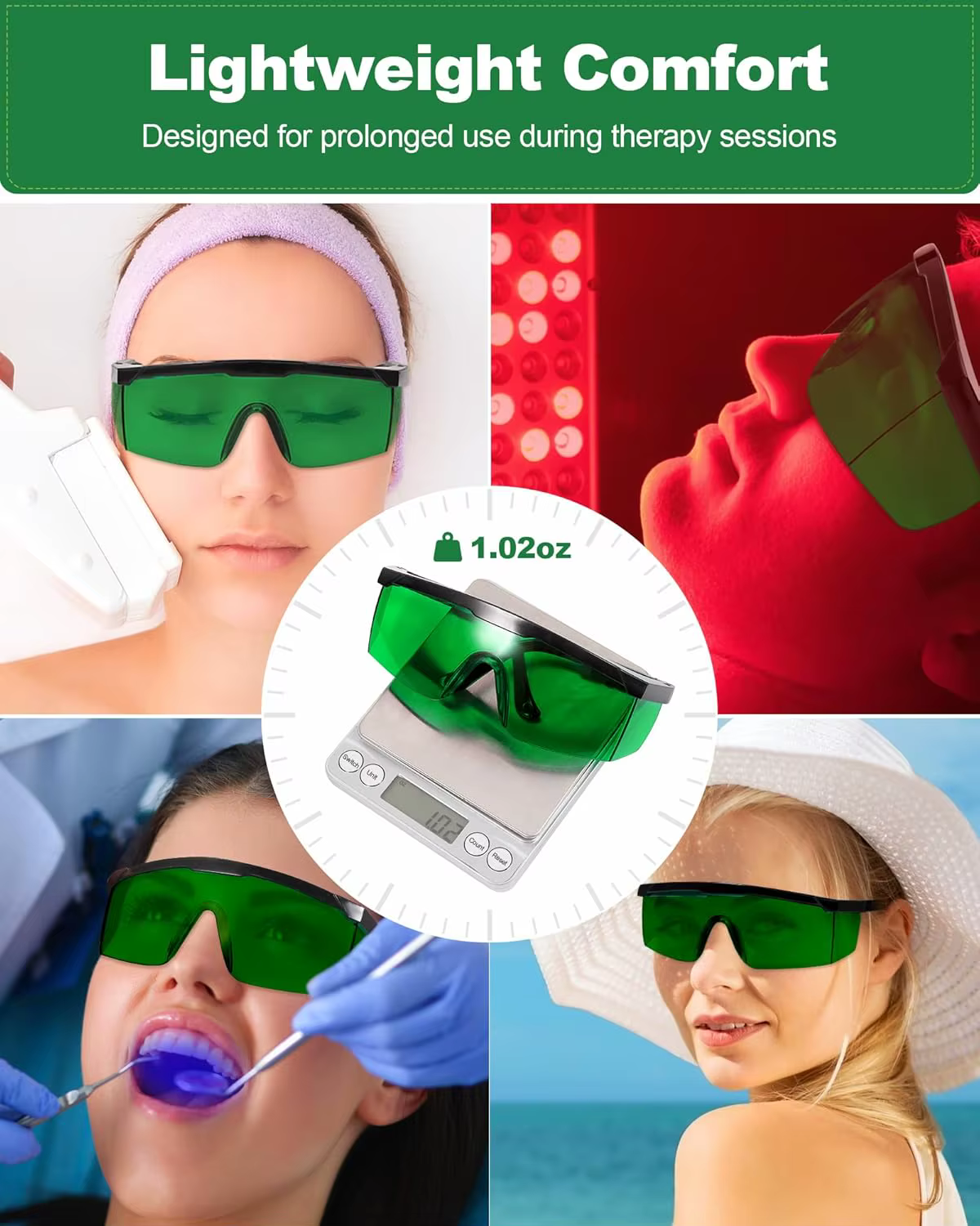 Lunettes de thérapie par lumière rouge pour la protection des yeux lors de séances infrarouges et LED, lunettes vertes profondes bloquant les longueurs d'onde nocives de 200 à 2000 nm
