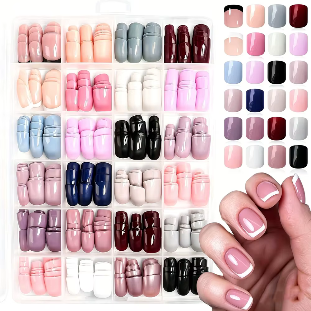 576 faux ongles brillants rouges, roses, marrons, 24 couleurs, courts, carrés, à presser, avec pointe française blanche et noire #