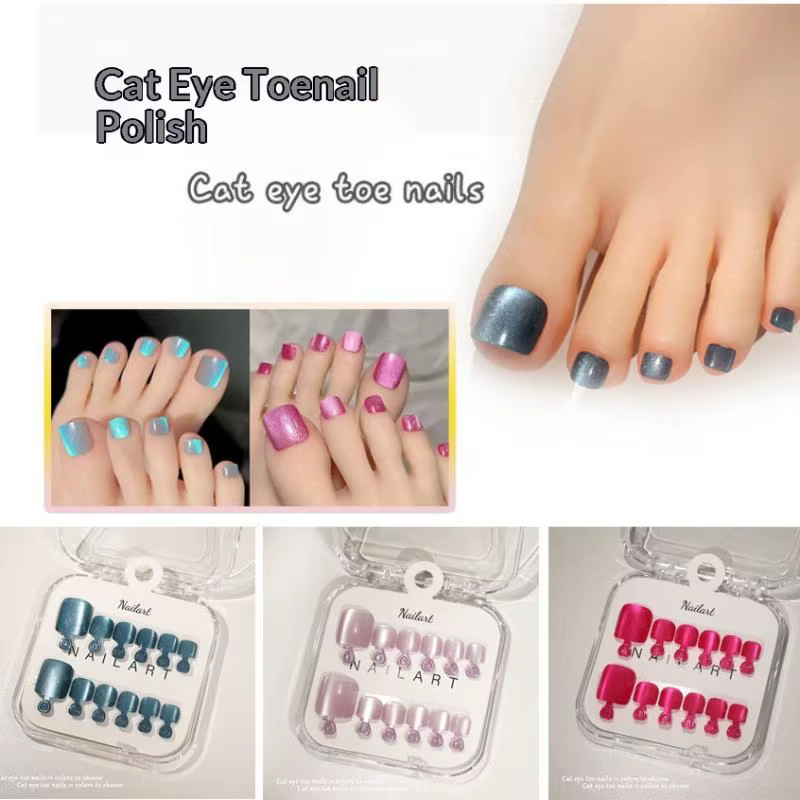 Faux Ongles 10 Pièces/Boîte, French Brillant Effet Œil de Chat, Courts Carrés, à Presser, Couverture Complète, Extension d'Ongles d'Orteil, Kit Professionnel pour Salon