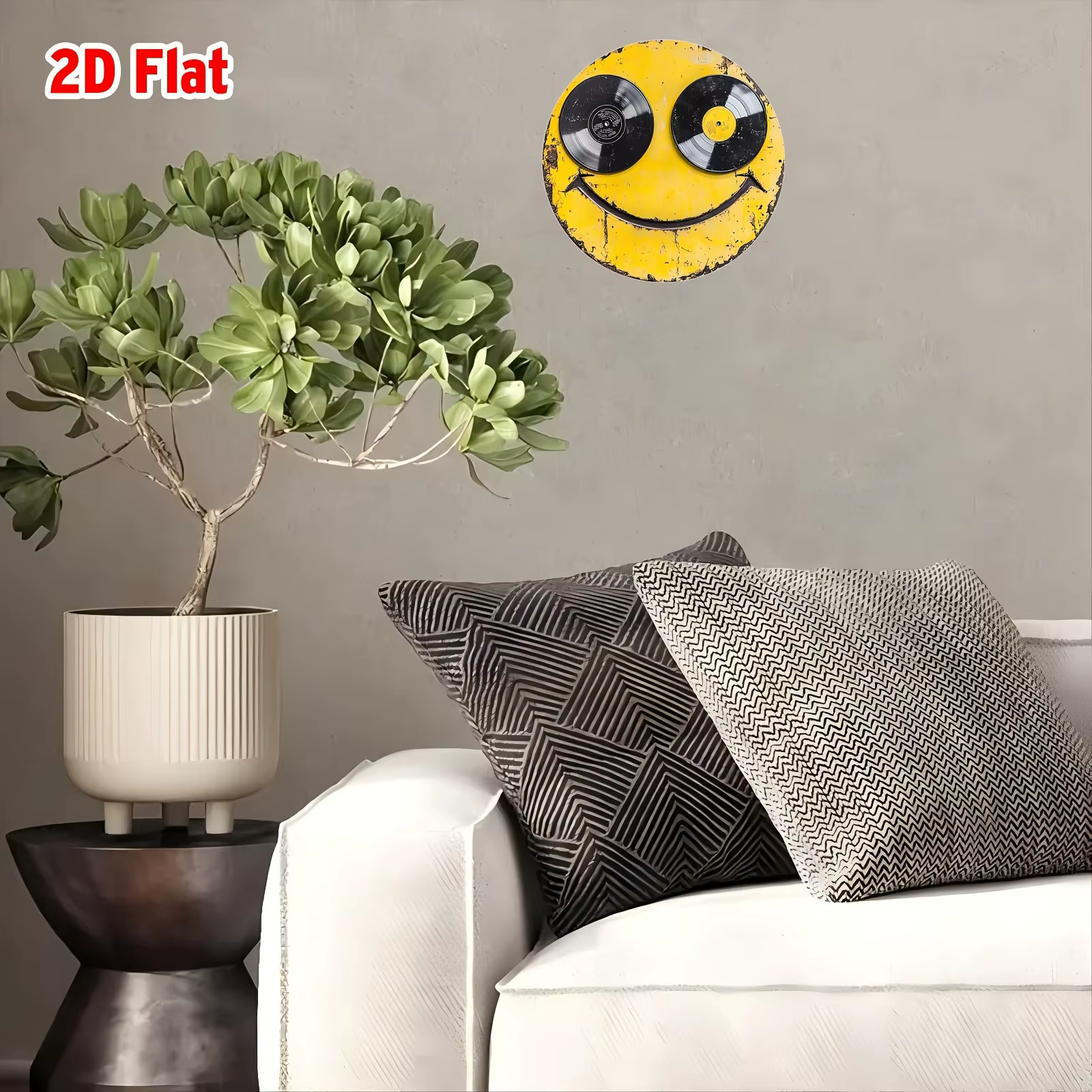 [Art mural en aluminium] Plat 2D] Une pièce d'art mural rond plat 2D en aluminium mesurant avec un visage souriant, parfait pour la décoration