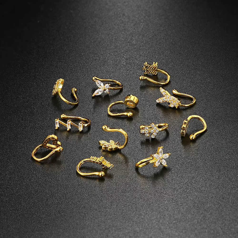 Faux Piercing pour femmes, 1 pièce, anneau de nez, manchette, bijoux pour le corps, tendance, boucles d'oreilles, cœur, étoile, fleurs, papillon, KAE197