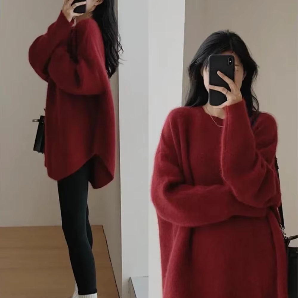 Haut thermique à col rond pour femme, pulls longs pour femme, chemisier chaud, streetwear moderne, noir, rouge, rose, hiver
