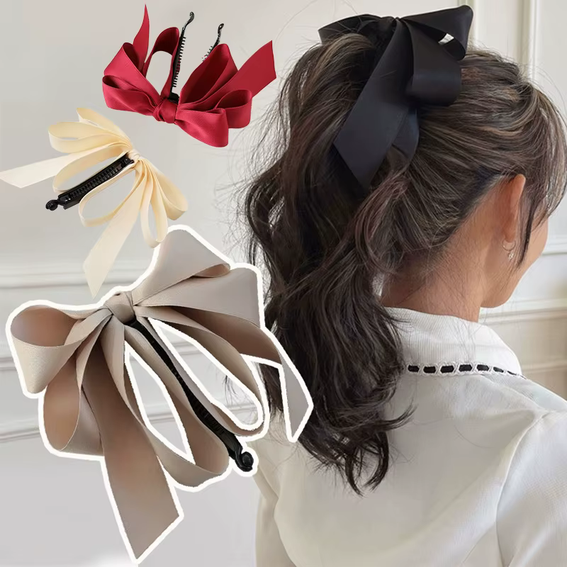 Nœuds de cheveux pour femmes, pinces à cheveux en satin soyeux pour filles, ruban de cheveux de couleurs neutres, pinces à nœuds mignonnes pour femmes